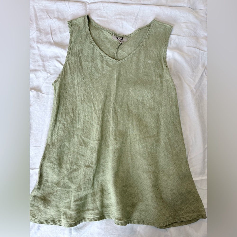 Flax Light Olive Green Linen V-Neck Tank